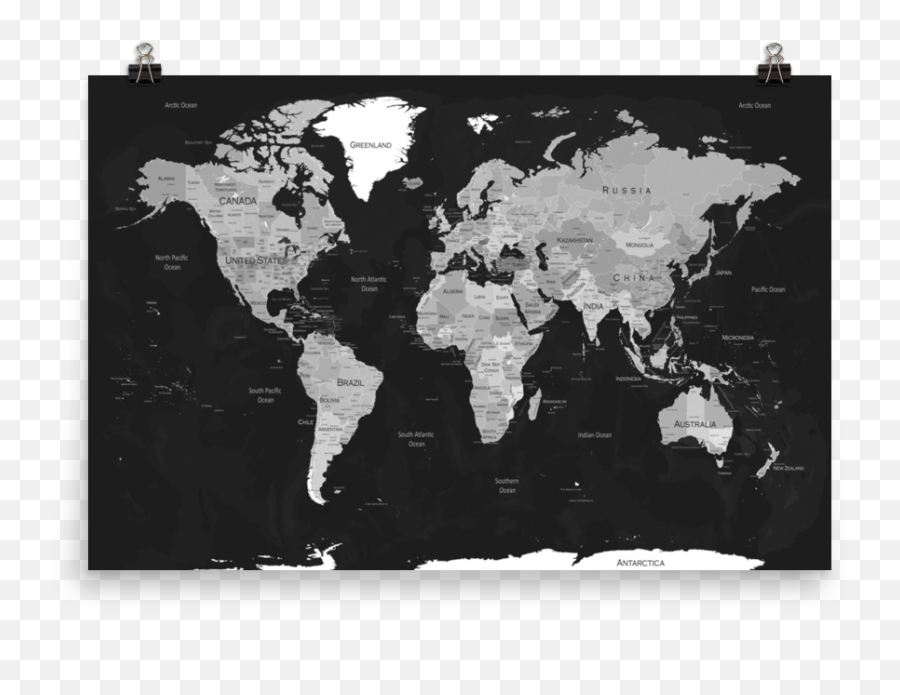 World Map Print Black U0026 White - Blue Green World Map Png,World Map Black And White Png