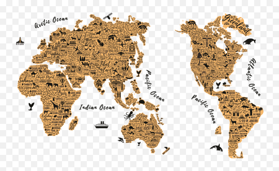 Text And Icon World Map Wall Sticker - World Map Wallpaper Typography Png,Icon Wall Stickers