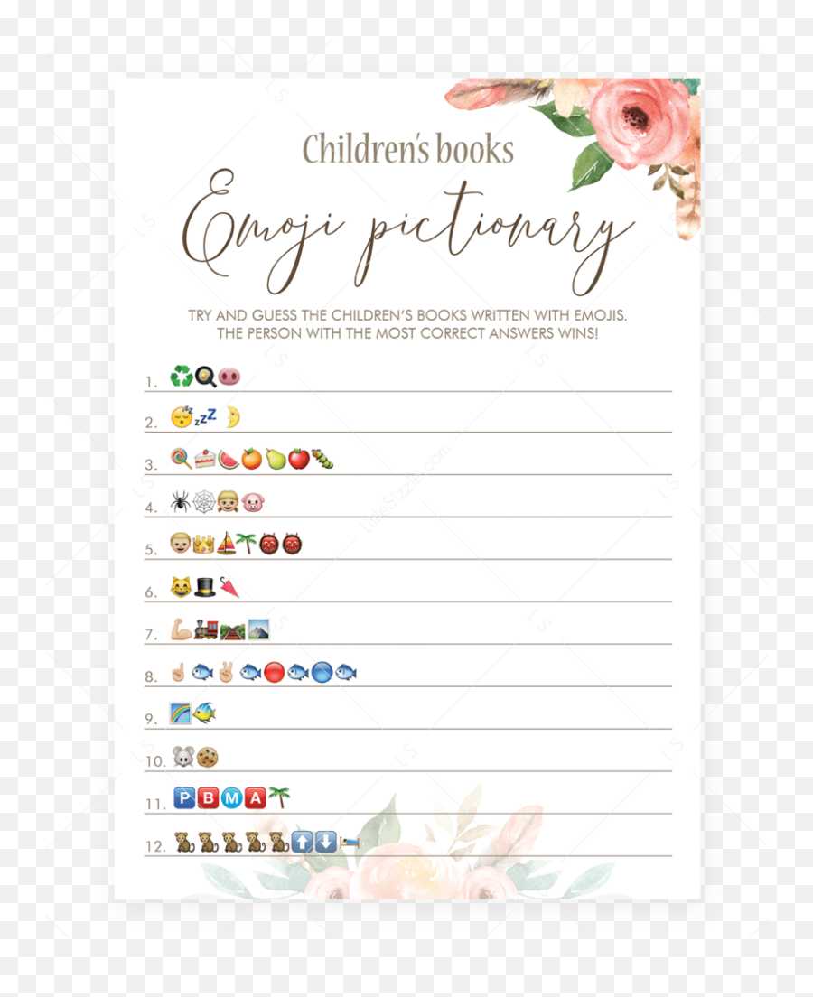 Floral Baby Shower Game Emoji Pictionary Printable - Free Printable Baby Shower Emoji Game Png,Rose Emoji Png