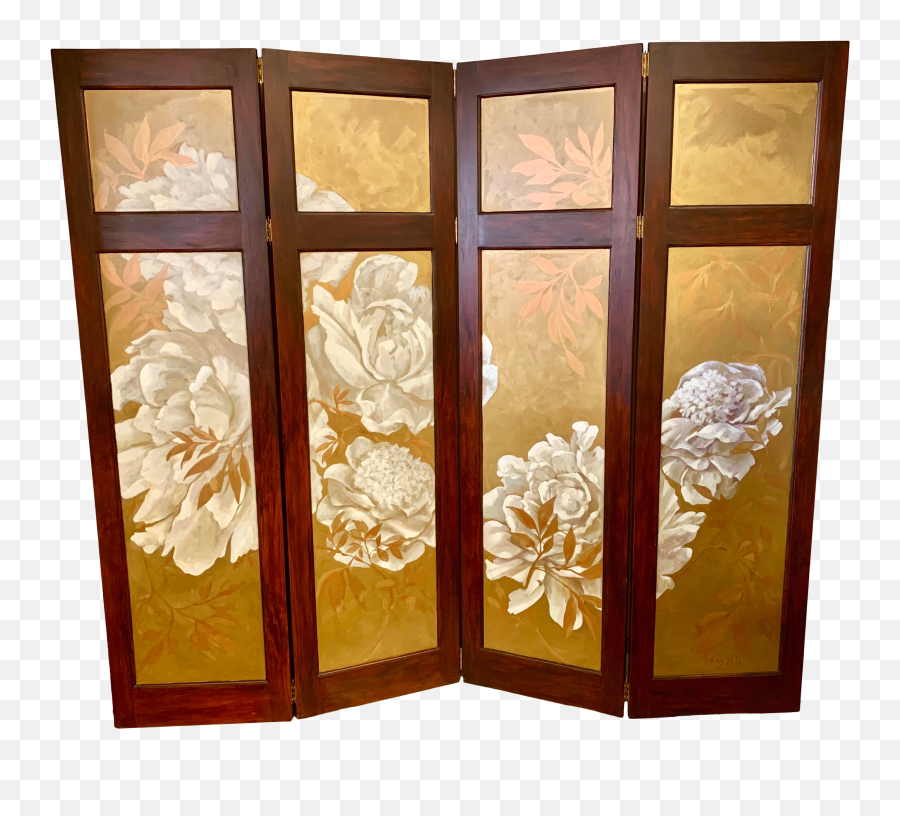 Hand Painted Gold And White Flower Folding Screen Room Divider - Cupboard Png,Gold Divider Png