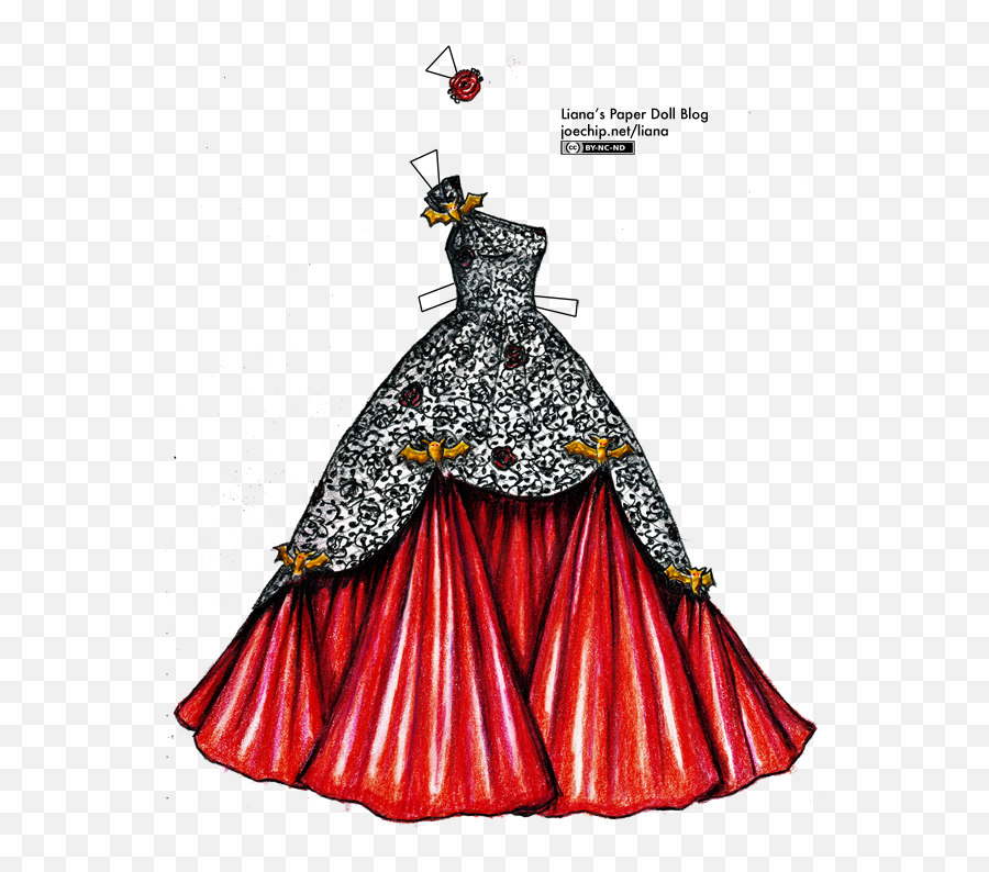 Black Lace And Red Satin Ballgown With Gold Bats Plus An - Drawings Of Ball Gowns Png,Black Lace Png