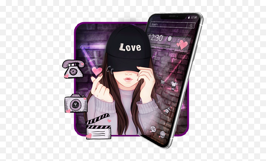 Updated Download Cute Purple Anime Girly Love Theme - Chicas Con Gorra Dibujo Png,Anime Icon Pack Android