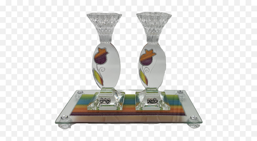 Lily Art Oval Glass Shabbat Candlesticks And Tray Rainbow Pomegranate Theme - Trophy Png,Shabbat Icon