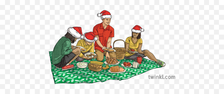 Christmas Picnic Family Parents Children Santa Hats People - Chametz Png,Christmas Hats Png
