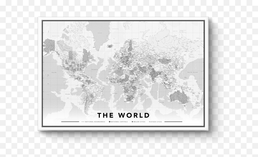 World Map Printed Onto Canvas - With Free Pins Hellocanvas Black And White Map Wooden Frame Png,World Map Black And White Png