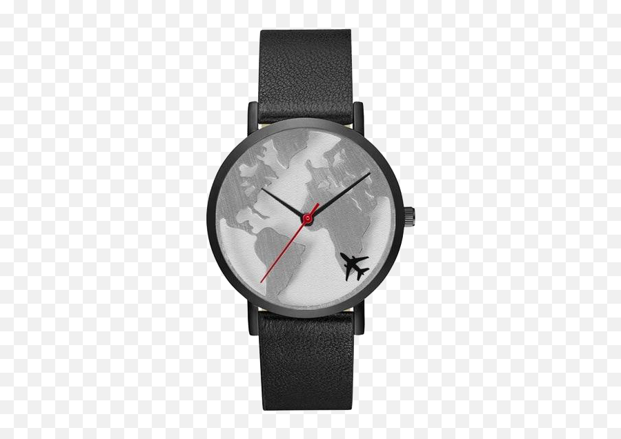 World Map Unisex Watch With Black Leather Strap - Watch Png,World Map Black And White Png