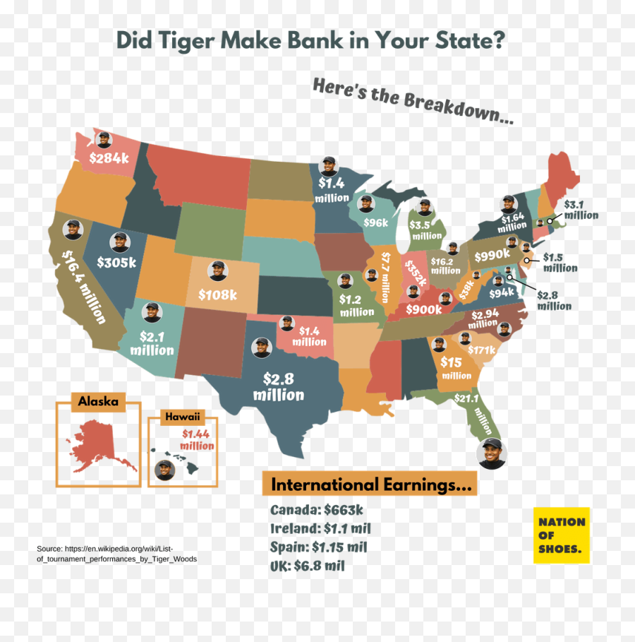 This Map Shows How Much Tiger Woods Earned In Each Us State - Red Or Blue State Png,Tiger Woods Png