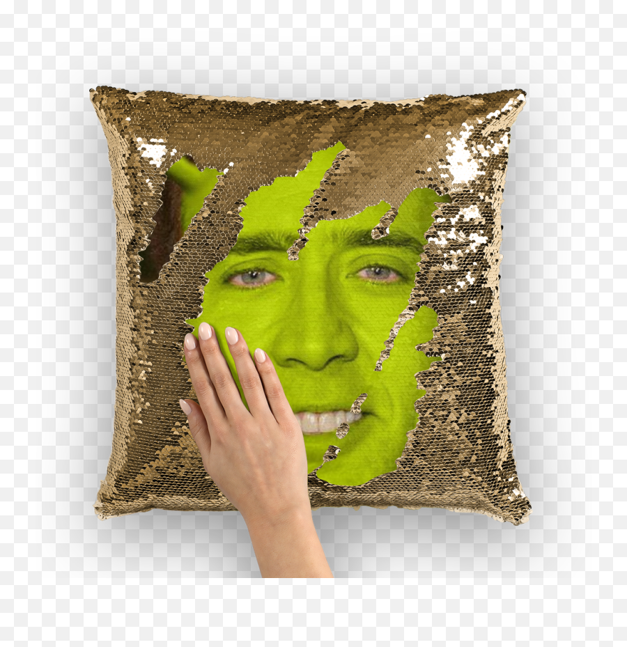 Nicolas Cage As Shrek Sequin Cushion Cover - Nicolas Cage Shrek Pillow Png,Shrek Head Png