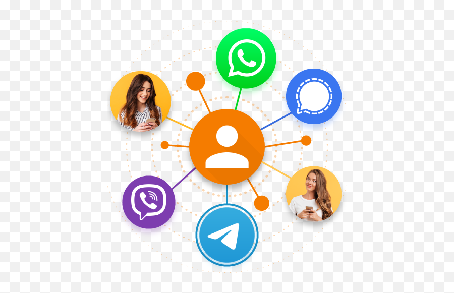  A conceptual illustration of a person using a smartphone with various chat apps, with a central orange node labeled 'WhatsApp' and other nodes representing different messaging apps, and the person looking at the WhatsApp node with a puzzled expression, illustrating the search query 'WhatsApp contacts disappeared'.