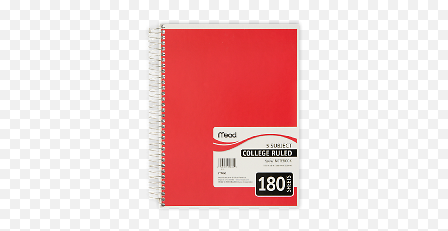 Mead Spiral 5 Subject Notebook 180 College Ruled Pages - Case Of 12 Notebook 180 Pages Png,Spiral Notebook Png