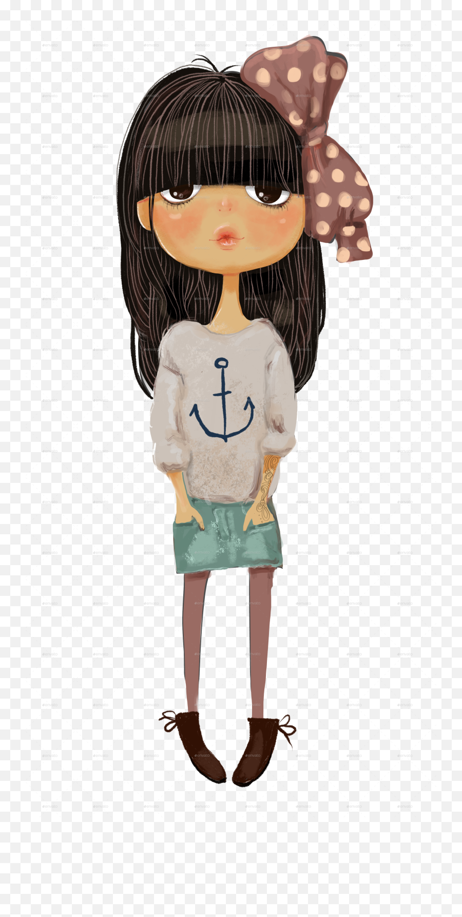 Collection With 6 Cartoon Girls - Black Hair Girl Cartoon Png,Girl Cartoon Png