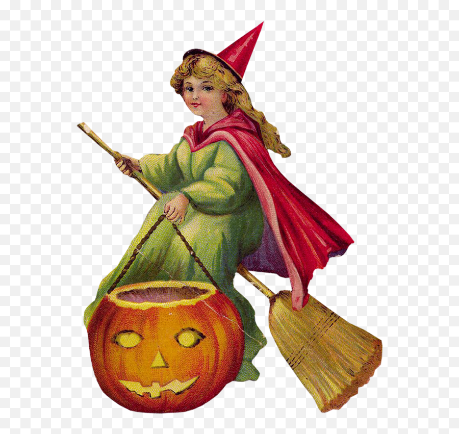 Vintage Girl Witch With Big Jack O Lantern For Halloween - Illustration Png,Jack O Lantern Transparent