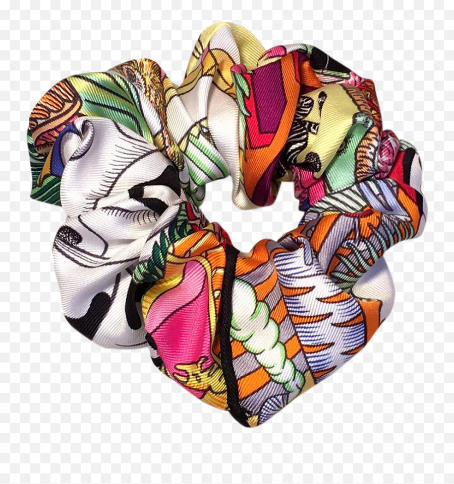 Hermes Handmade Vintage Silk Scarf Scrunchie In White Black And More Multicolors - Sock Png,Scrunchie Png