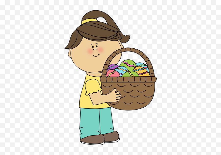 Girl Holding A Big Easter Basket Clip Art - Girl Holding A Girl With Easter Basket Clipart Png,Easter Basket Png