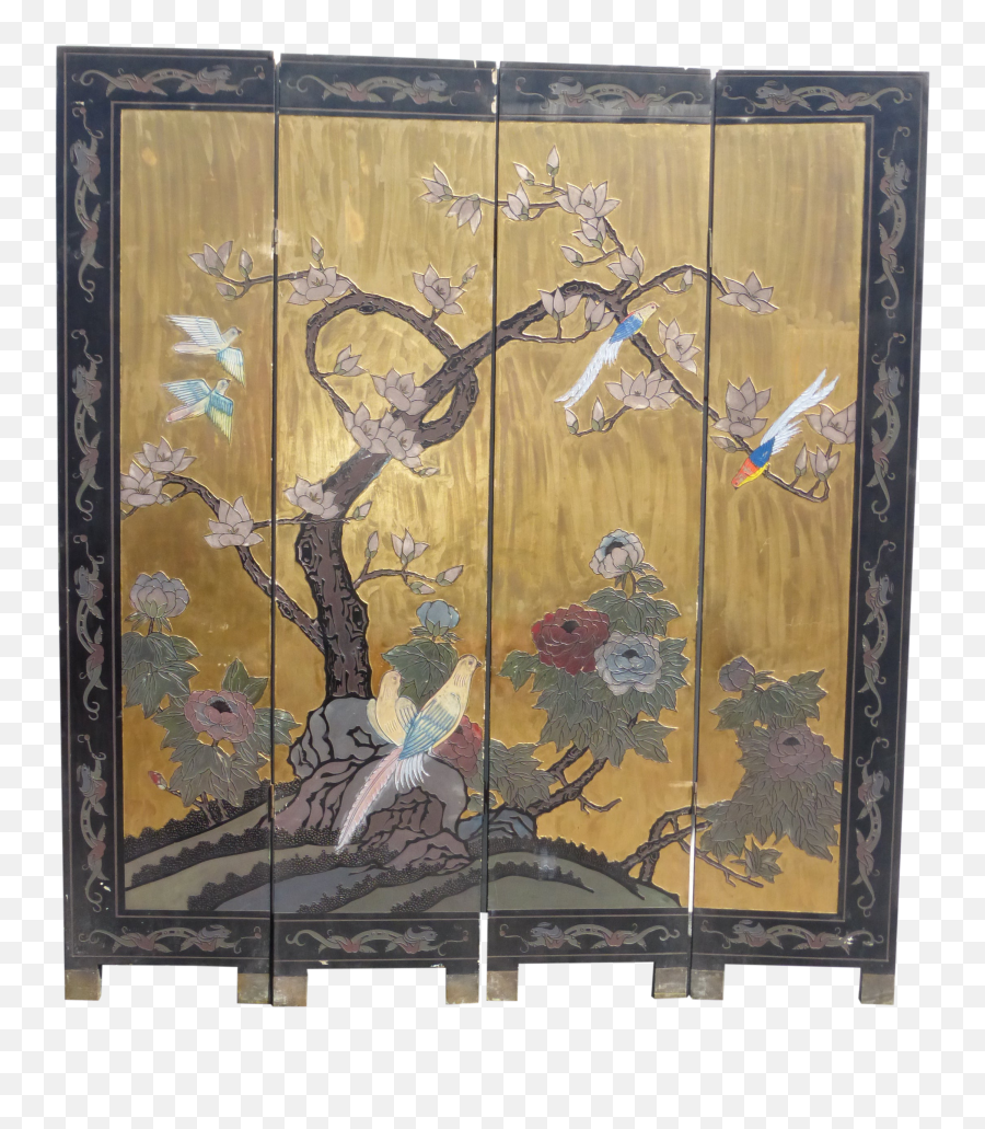 Vintage Asian Four Panel Gold Screen Room Divider With Birds - Modern Art Png,Gold Divider Png
