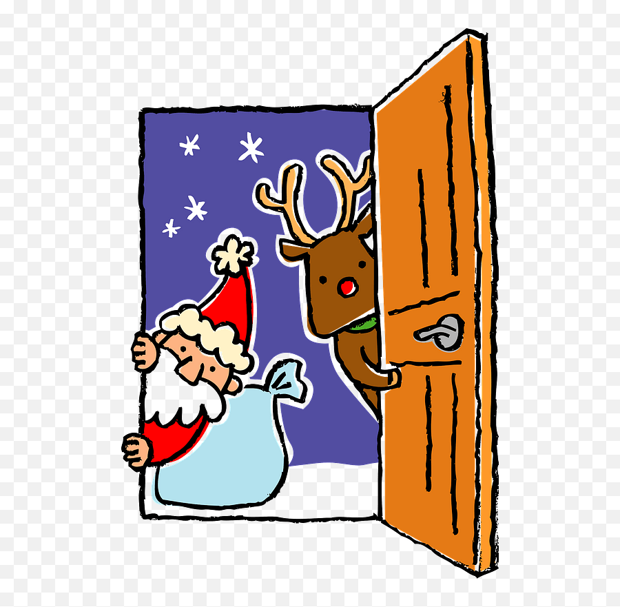 Santa Claus And Reindeer In A Open Door Clipart Free Png Transparent