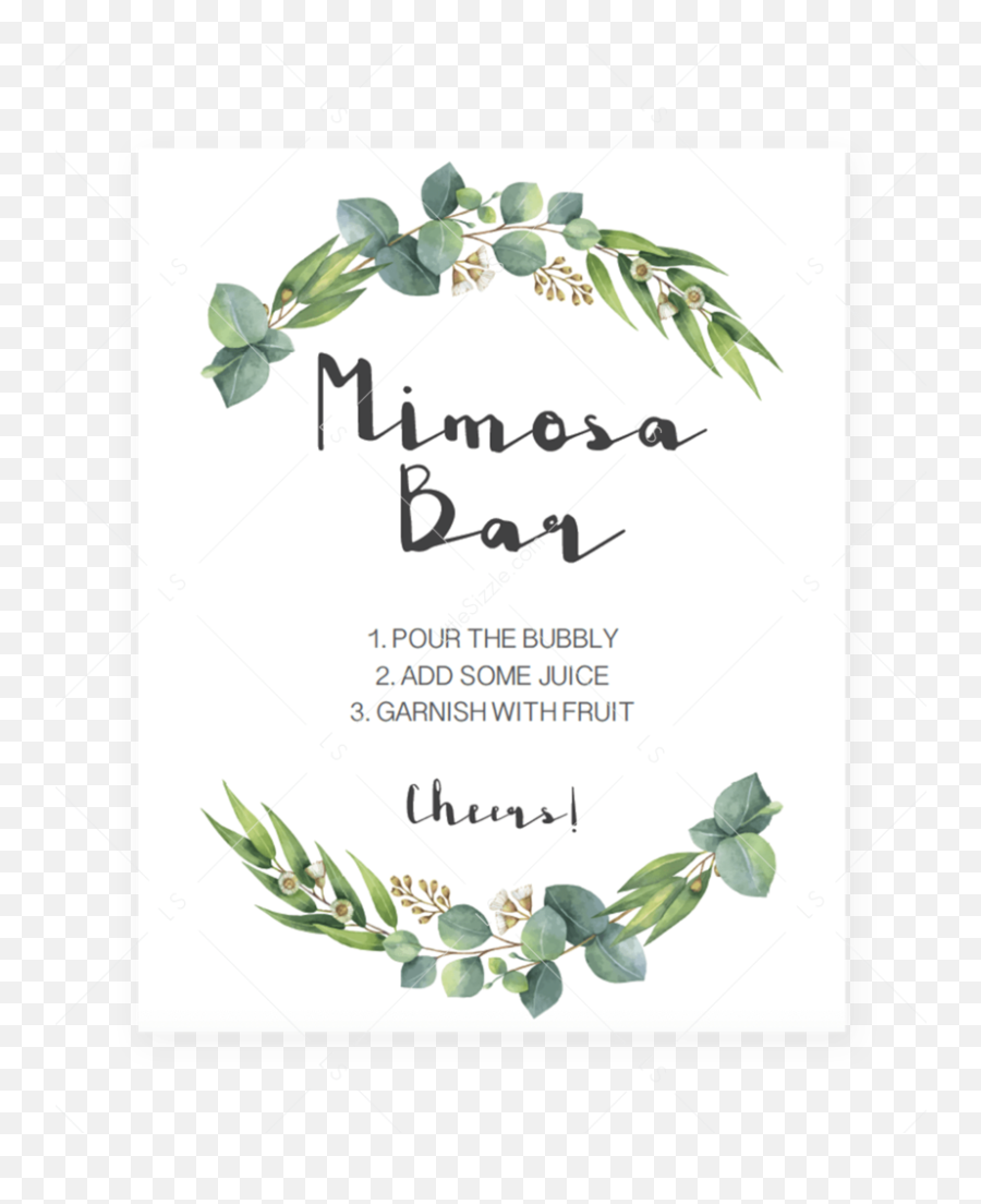 Mimosa Bar Sign Printable With Watercolor Green Leaves - Wedding Invitation Word Template Png,Watercolor Greenery Png