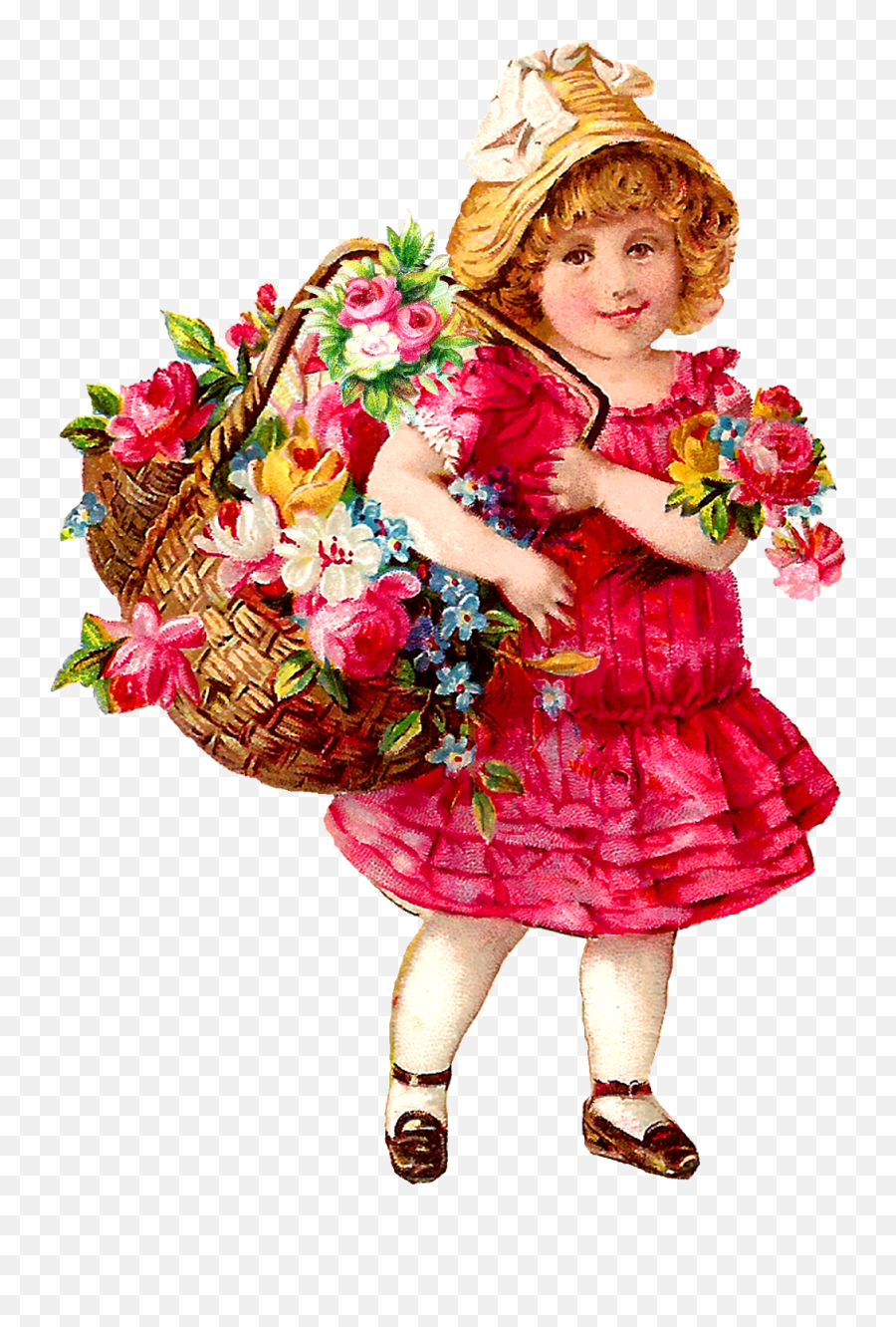 Antique Images Victorian Girls Free Flower Basket - Flower Girl Image Download Png,Cute Flower Png