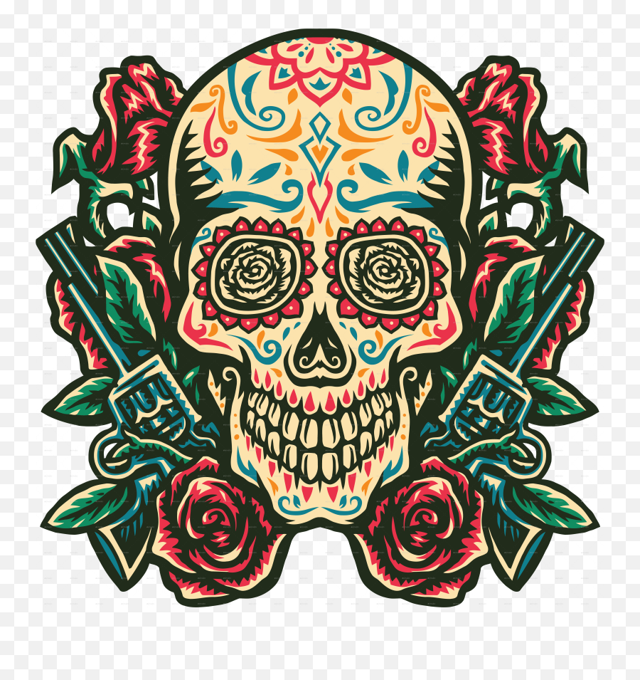 Sugar Skull With A Gun And Rose - Sugar Skull Drawing Colored Png,Mexican Skull Png