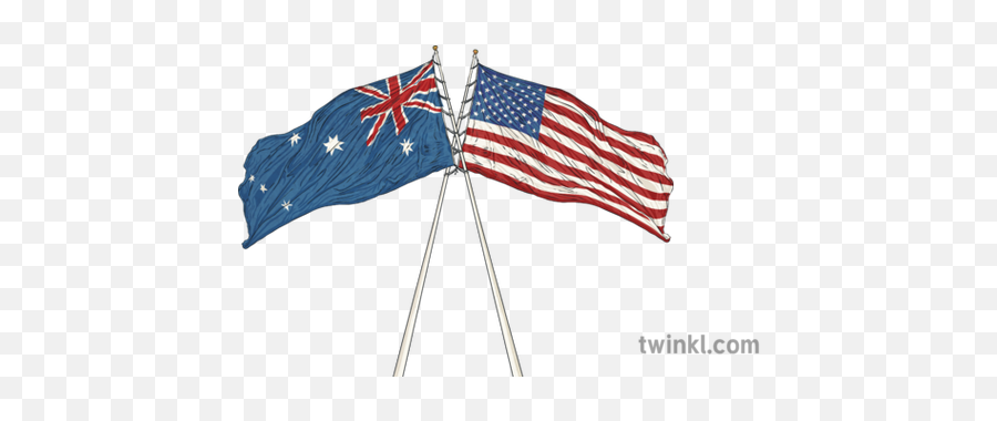 Australian And Us Flags Crossed Country Waving Full Mast - Usa Australia Crossed Flags Png,Usa Flag Transparent
