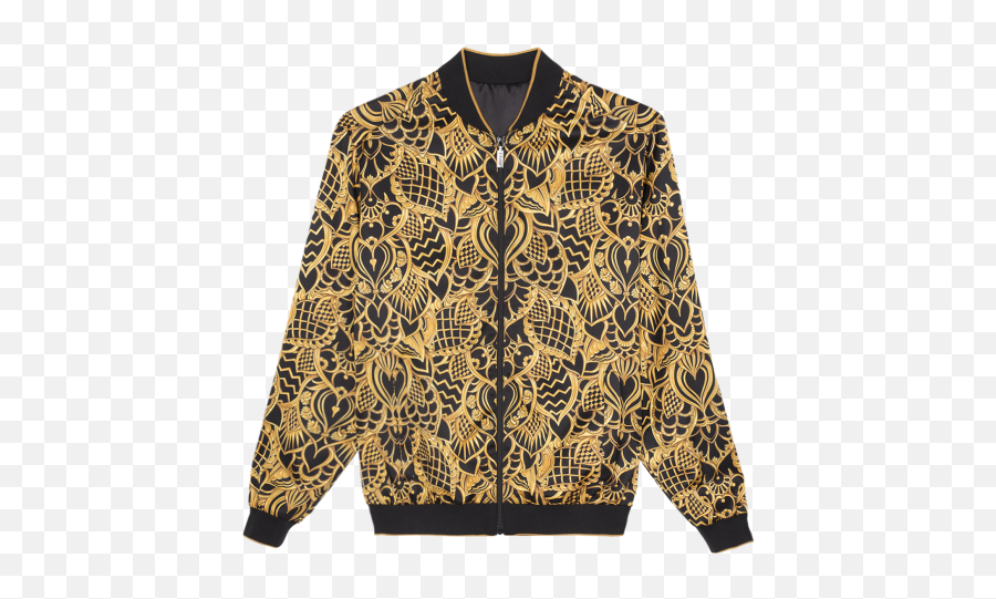 Black And Gold Zipped Bomber With Royal Pattern - Cardigan Png,Gold Pattern Png