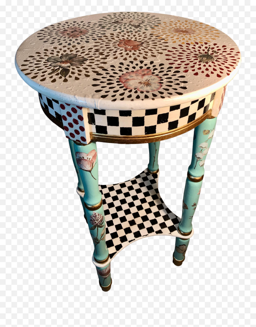 Mackenzie - Childs Inspired Hand Painted Checkered Pattern U0026 Florals Plant Stand Or Side Table Hand Painted Furniture Png,Checkered Pattern Png