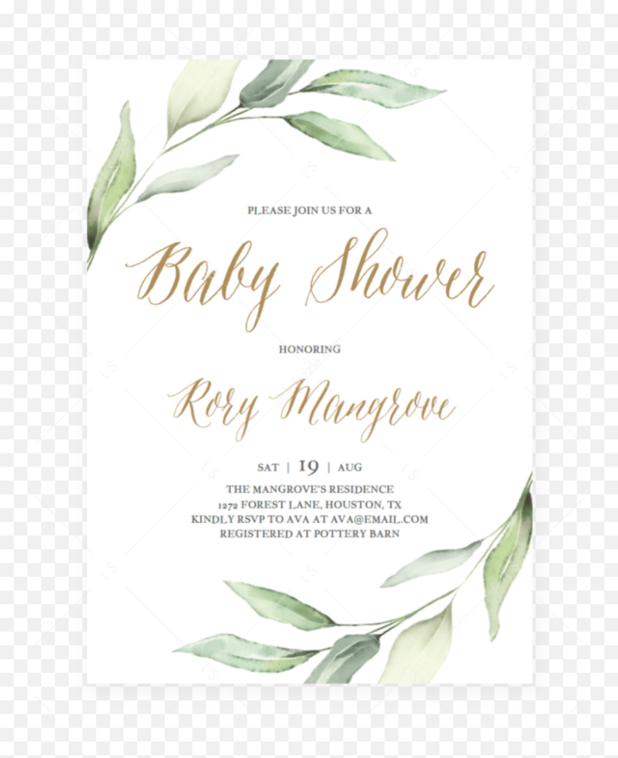 Greenery And Gold Baby Shower Invite Template Instant Download - Green And Gold Baby Shower Invitations Png,Watercolor Greenery Png