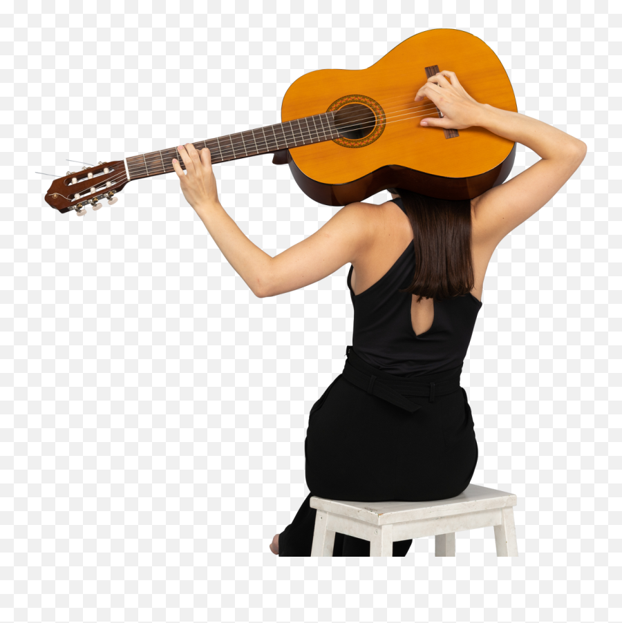 Back View Of A Young Lady In Black Suit Holding The Guitar - Stool Png,Classical Guitar Icon