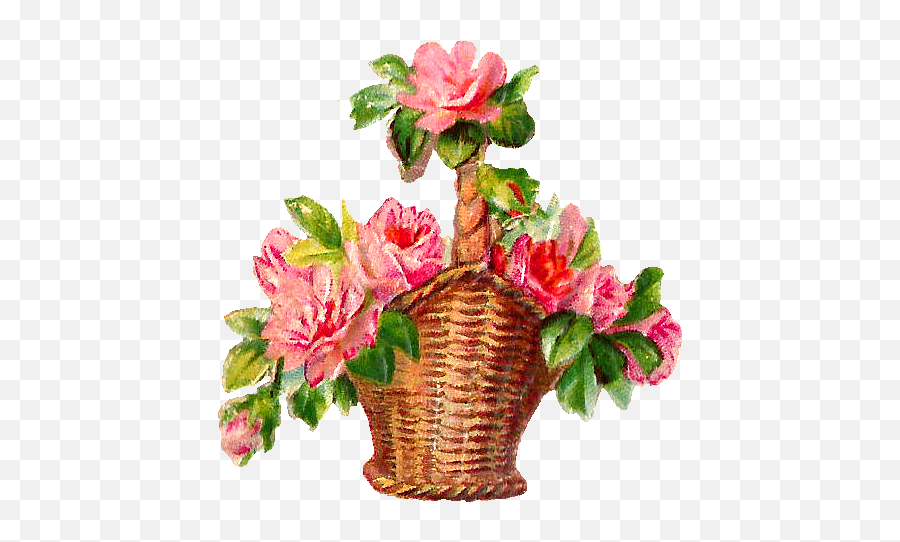 Antique Images Spring Flowers Red Pink Rose Basket Digital - Spring Flower Basket Clip Art Png,Basket Png