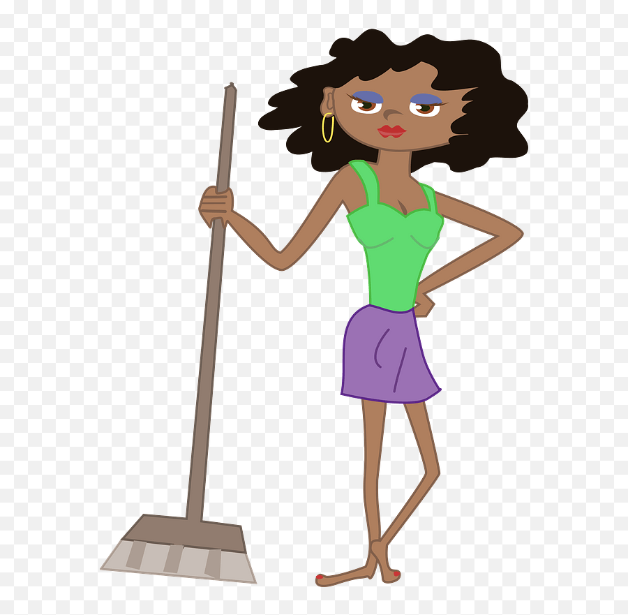 Young Housekeeper Girl With Broomstick - African Girl Sweeping Clipart Png,Broomstick Png