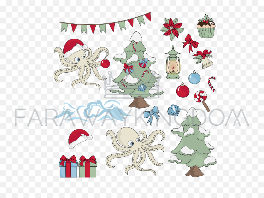 Christmas Octopus Underwater Cartoon Vector Illustration Set - Dibujo Pulpo Navidad Png,Octopus Transparent Background