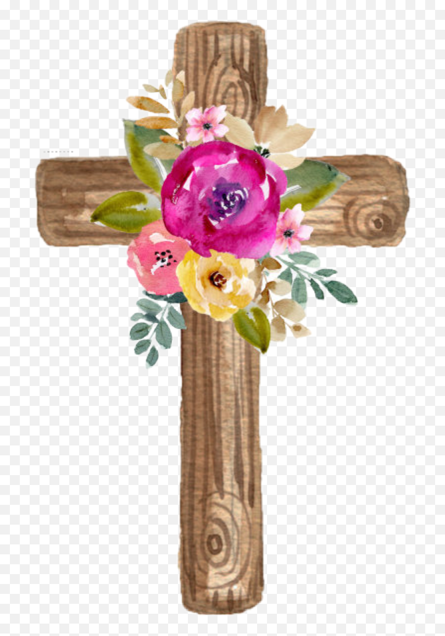 Watercolor Cross Wooden Flowers Floral - Wooden Cross With Flowers Png,Wooden Cross Png