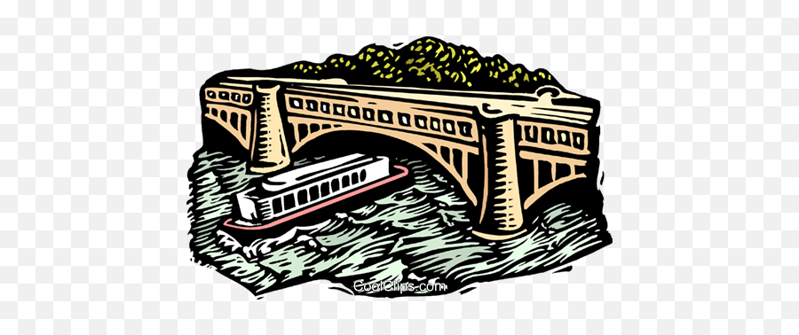 Woodcut Tour Boat Royalty Free Vector Clip Art Illustration - Clip Art A Boat Is Under The Bridge Png,Bridge Clipart Transparent