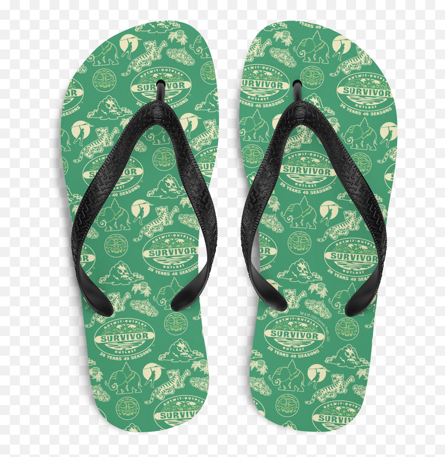 Survivor 20 Years 40 Seasons All Over Green Tribal Pattern Adult Flip Flops Png Flop