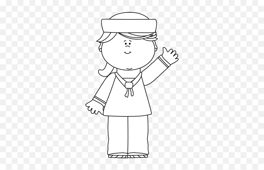 Black And White Girl Sailor Waving Clip Art - Black And Girl Sailor Clipart Png,Sun Clipart Black And White Png