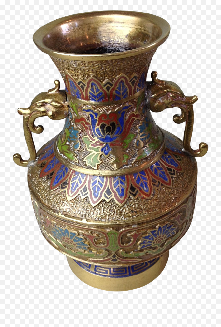Vintage Japanese Dragon Handles Champleve Enamel Brass Vase - Chinese Vintage Gold Brass Urn With Dragon Handles Png,Japanese Dragon Png