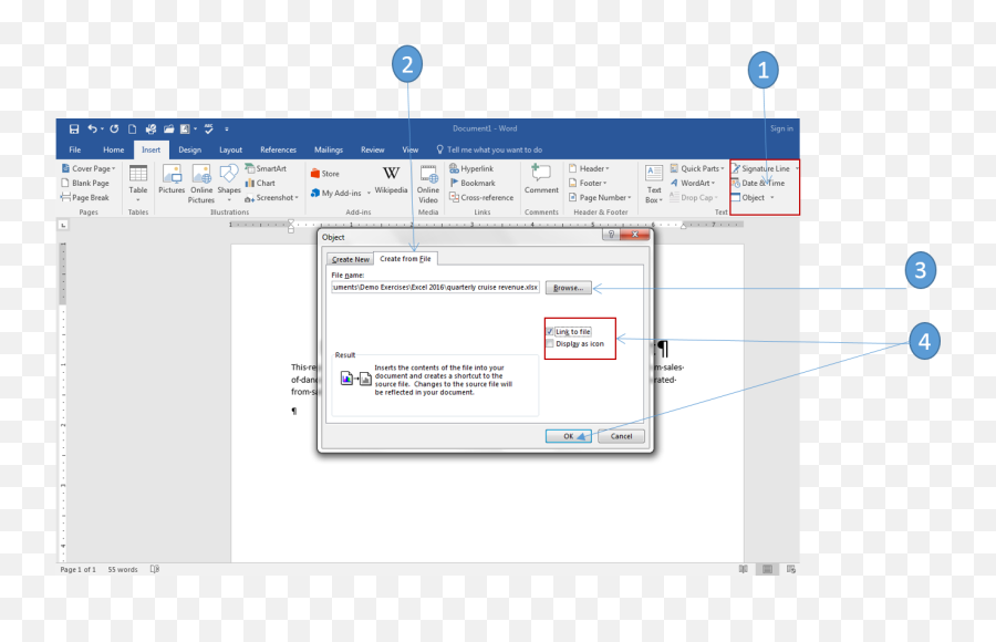 How To Link And Embed Excel Charts In Word 2016 - Office Using The Ribbon Insert The 114 Weekly Sales Excel Document Into The Current Word Document Link The Excel File To The Word Document Png,Ms Word Document Icon