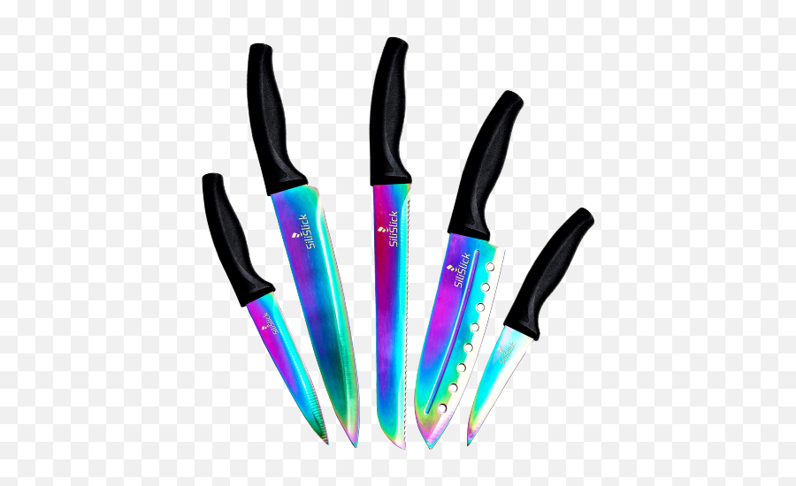 Silislick Kitchen Knife Set - 5 Elegant Chef Knives Rainbow Blades Black Handle Rainbow Knife Set Png,Chef Knife Png