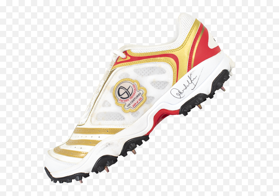 Warehouse Seconds Sachin Tendulkar Signed White Red And Gold Adidas Cricket Spikes 100 Centuries Limited Edition - Round Toe Png,Orange Spikes Icon