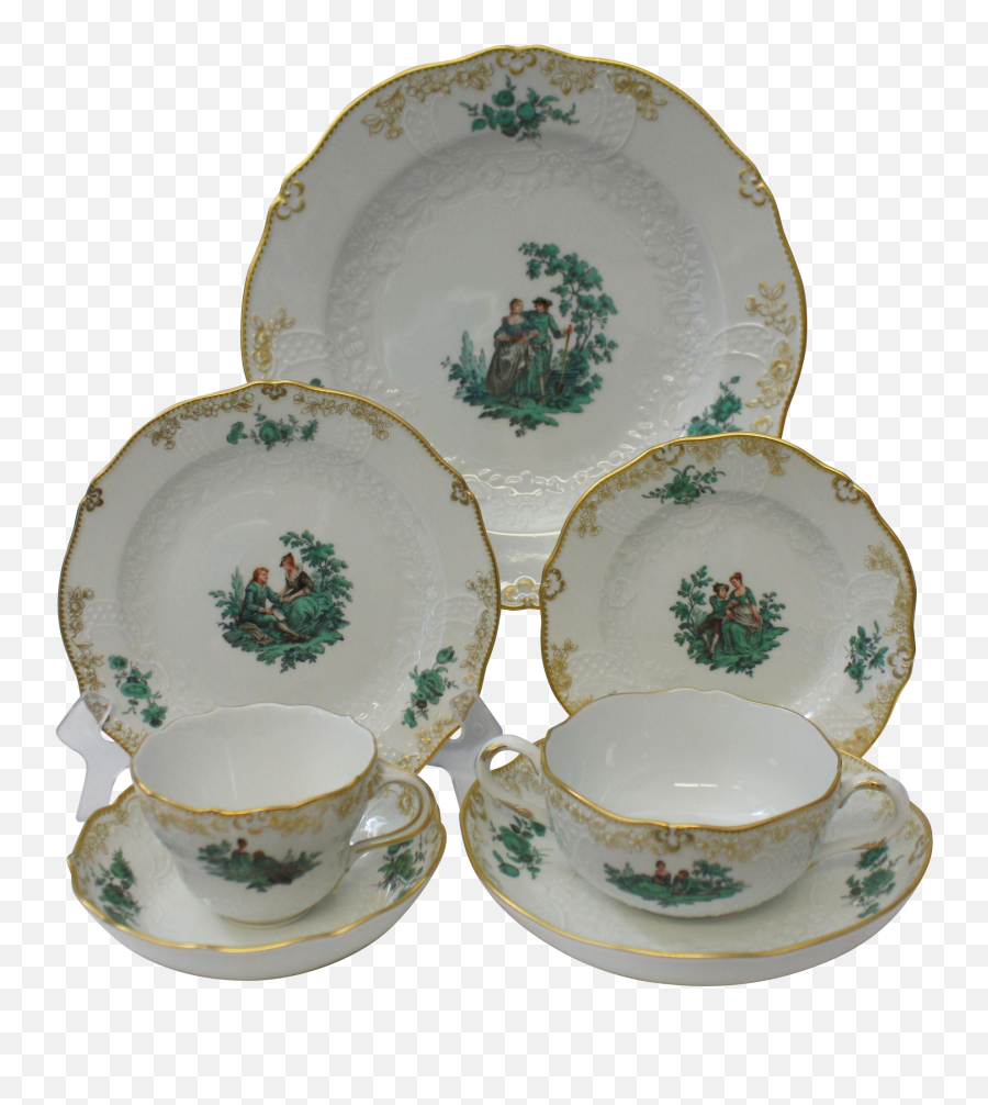 Meissen Green Watteau 7 - Piece Place Setting Neumarseille Saucer Png,Place Setting Png