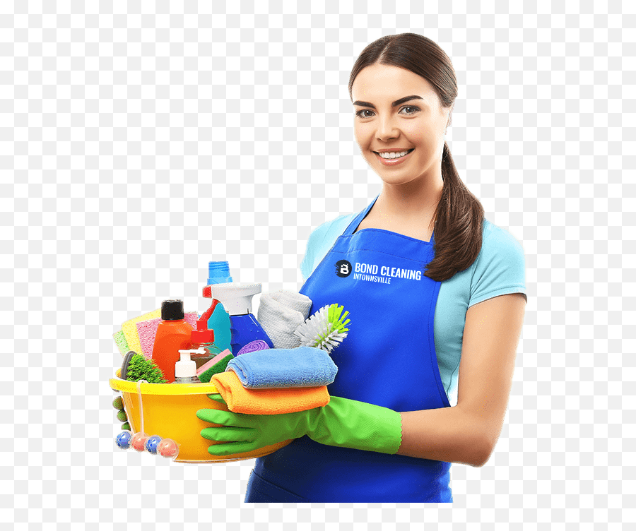 Smiling Woman Standing With A Bucket Full Of Bottles - Girl Cleaning Services Add Template Wordpress Png,Woman Standing Png