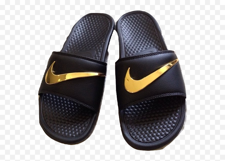 Download Custom Black Nike Sandals With Gold Swoosh Png - Nike Slippers Hd Png,Nike Swoosh Png