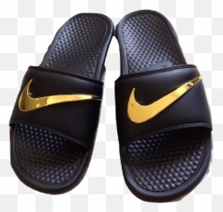 Download Custom Black Nike Sandals With Gold Swoosh Png - Slippers Hd Png