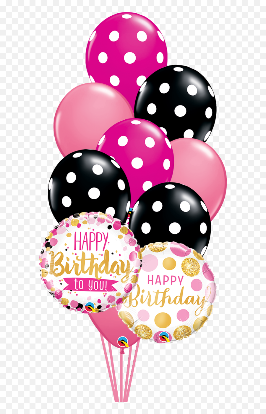 Happy Birthday Pink U0026 Black Dots Balloon Bouquet 12 Balloons - Pink And Hold Balloons Png,Black Balloons Png