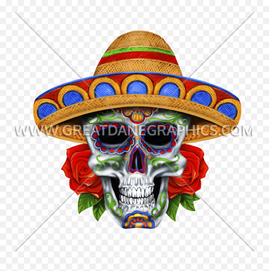 Sugar Skull Sombrero Production Ready Artwork For T - Shirt Mexican Skull With Sombrero Png,Sombrero Transparent