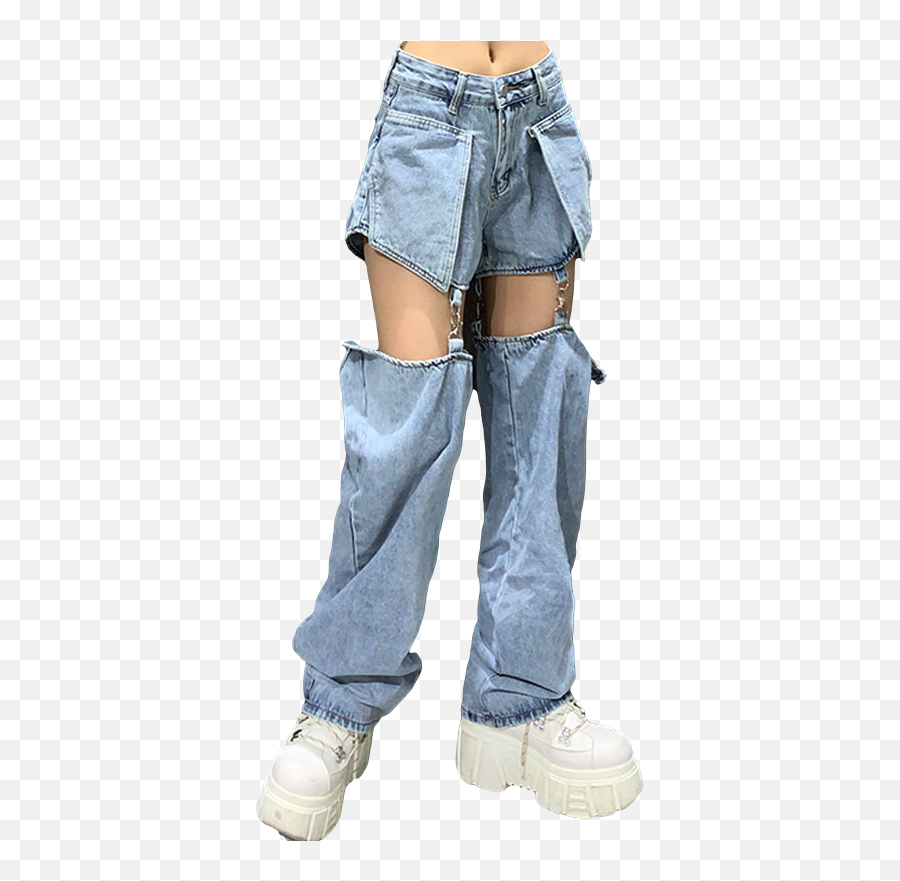 New Hip Hop Denim Jeans Women Chain Pants Buckle Broken Cut - Detachable Jeans Png,Levis Icon Shorts
