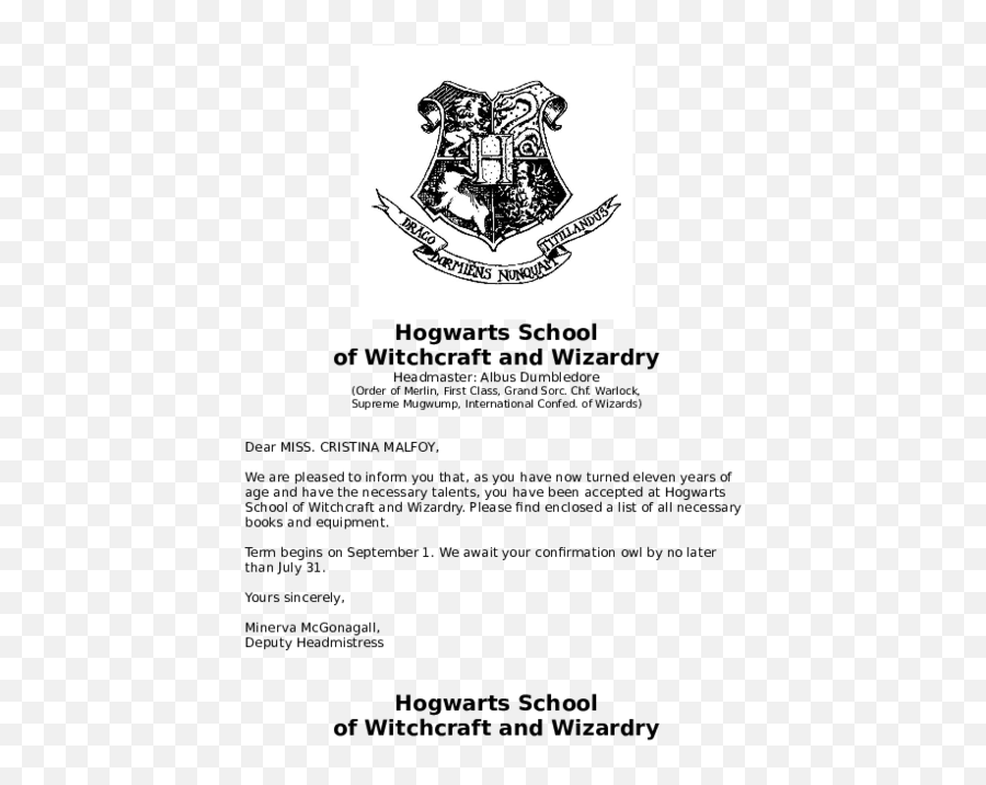 Doc Hogwarts Acceptance Letter Cristina Haro - Academiaedu Template Hogwarts Letter Printable Png,Malfoy Icon
