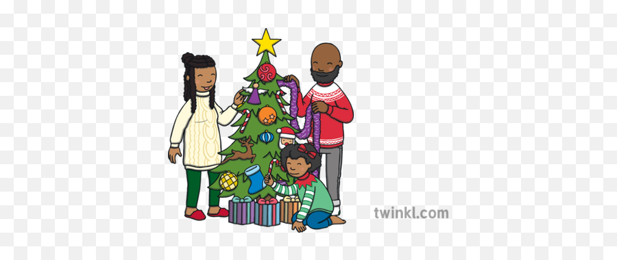Family Decorating A Christmas Tree Illustration - Twinkl Christmas Day Png,Cartoon Christmas Tree Png