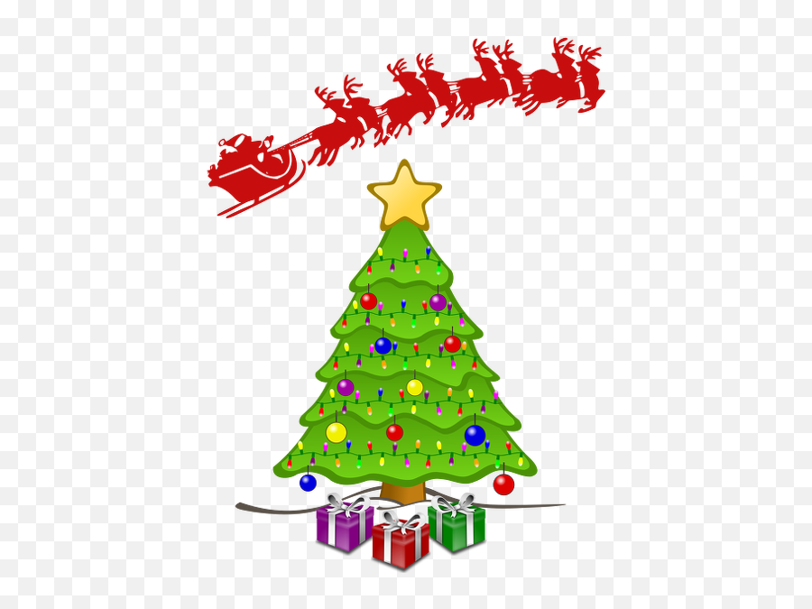 Christmas - Treesantasleigh Free Clip Art For Download Christmas Tree Drawing Free Png,Santa Sleigh Png