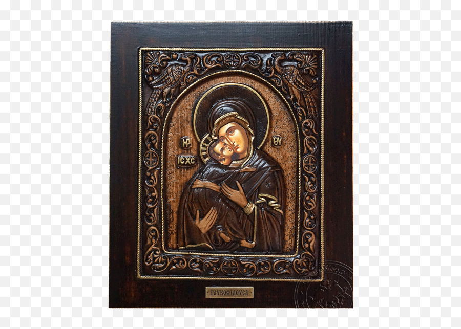 Virgin Mary Glykofilousa - Wood Carved Icon Picture Frame Png,Peacock Icon